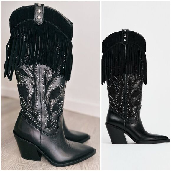 Zara Shoes - ZARA FRINGED STUDDED COWBOY BOOTS
BLACK